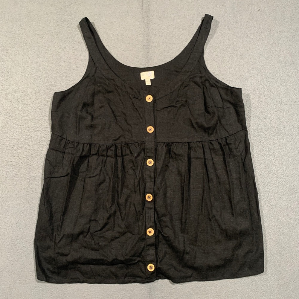 Terra & Sky Tank Top Womens 1X Black Linen Blend Button Front Babydoll Boho